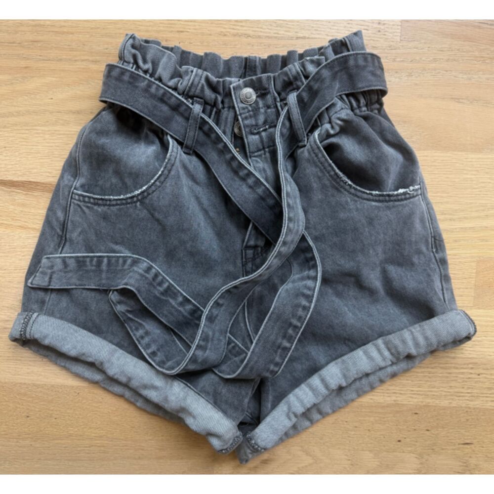 VERVET Women’s XS Washed Black Paperbag Waist Denim Shorts Belted Jorts